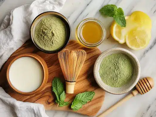 matcha drink ingredients with milk, matcha powder, and honey