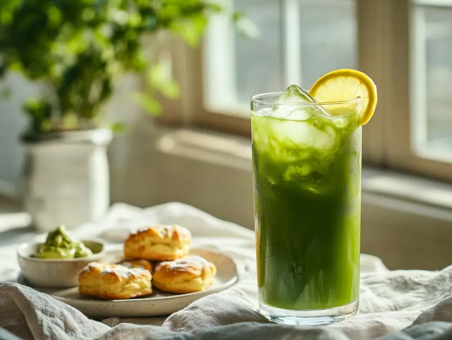 matcha drink served over ice with lemon and pastry